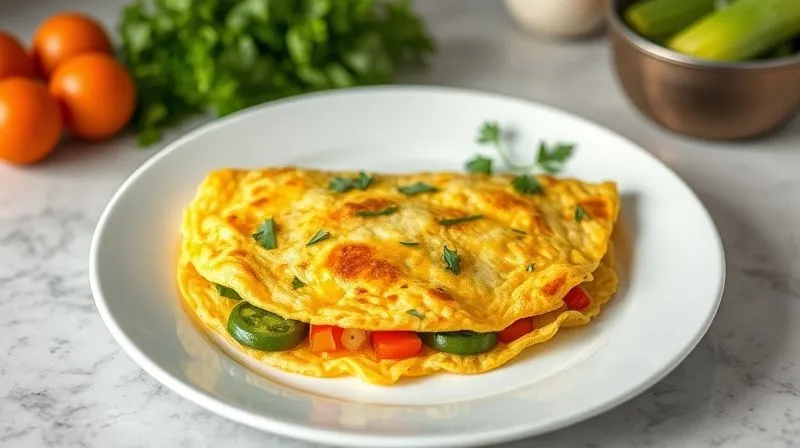 A photorealistic, top-down shot of a beautifully cooked, fluffy vegetable omelet on a modern white plate, garnished with fresh herbs. The omelet is visibly packed with colorful, vibrant vegetables and looks light and appealing. The background is a minimalist kitchen counter, with soft, natural lighting. 8K, professional photography, sharp focus, depth of field, shot on a high-end DSLR.