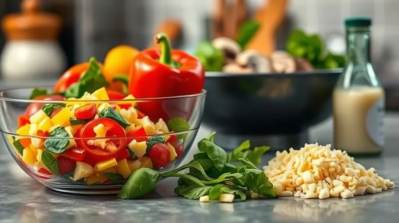 Photorealistic image of a kitchen counter with various omelet ingredients. On one side, there's a bowl of vibrant, fresh, chopped vegetables (bell peppers, spinach, mushrooms). On the other side, there's a small, almost hidden, pile of high-fat cheese and a bottle of creamy sauce, casting a subtle, tempting shadow. Cinematic lighting, sharp focus on the contrast between healthy and hidden calorie sources, depth of field blurring the background. 8K, shot on a high-end DSLR.