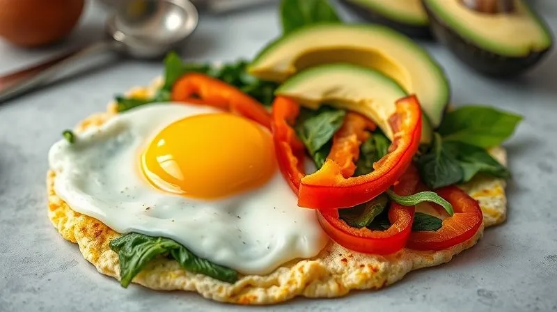 Photorealistic, professional photography, 8K, cinematic lighting, sharp focus, depth of field, shot on a high-end DSLR. A deconstructed omelet showing its macronutrient components: clearly visible egg whites and yolks, a generous portion of colorful vegetables (spinach, bell peppers), and a small, carefully measured amount of healthy fat (avocado slices). The elements are arranged to emphasize balanced proportions, with a measuring spoon and a small scale subtly visible in the background. The scene exudes precision and healthy eating.