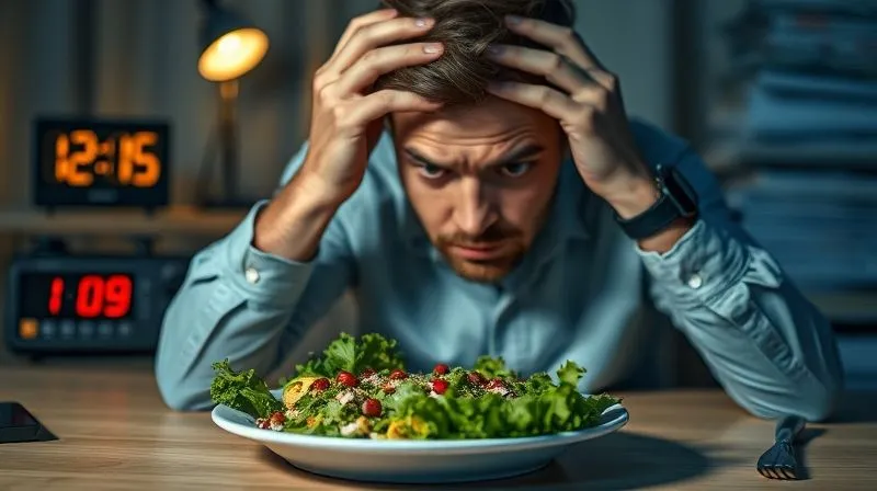 Photorealistic, professional photography, 8K, cinematic lighting, sharp focus, depth of field, shot on a high-end DSLR. A person looking stressed, rubbing their temples, with a half-eaten healthy meal (like a salad or a small omelet) on the table, but also a digital clock showing late hours and a blurred image of a stack of documents in the background. The scene subtly conveys the impact of stress and lack of sleep on healthy eating habits. The lighting is dim, reflecting exhaustion.