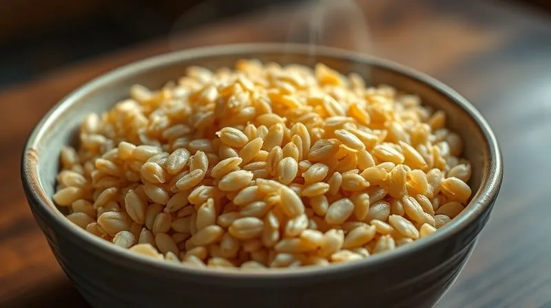 photorealistic, professional photography, 8K, cinematic lighting, sharp focus, depth of field, shot on a high-end DSLR, a close-up of perfectly cooked spelt groats, al dente, showing individual grains, steam gently rising, in a minimalist ceramic bowl on a wooden table, with a slight texture of firmness, conveying health and proper preparation.