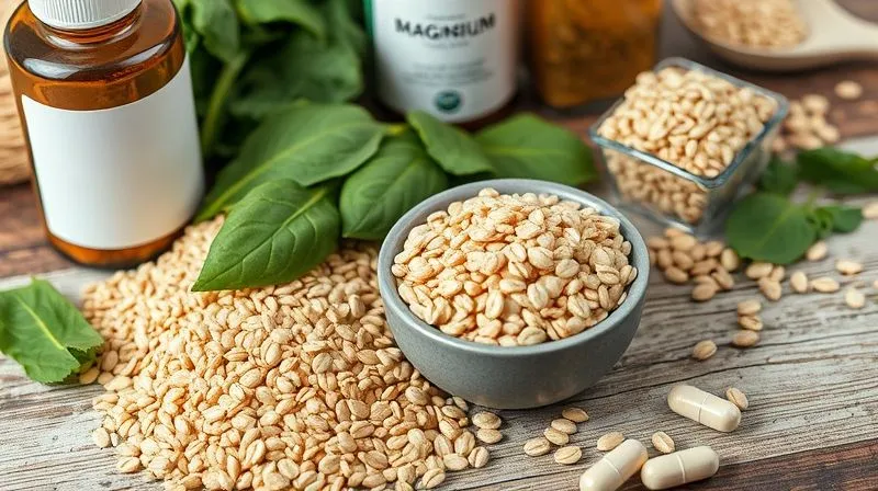 photorealistic, professional photography, 8K, cinematic lighting, sharp focus, depth of field, shot on a high-end DSLR, a visually appealing display of raw spelt grains next to a small bowl of cooked spelt groats, surrounded by various essential nutrients like a magnesium supplement bottle, iron-rich spinach leaves, and B-vitamin complex capsules, all arranged aesthetically on a rustic wooden surface, symbolizing the rich nutritional profile of spelt and its health benefits.