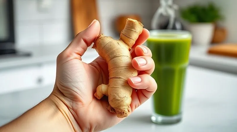 Photorealistic, professional photography, 8K, cinematic lighting, sharp focus, depth of field, shot on a high-end DSLR. A hand holding a vibrant piece of fresh ginger root, with steam gently rising from a glass of green smoothie in the background, suggesting warmth, metabolic boost, and natural energy. The setting is a clean, modern kitchen.