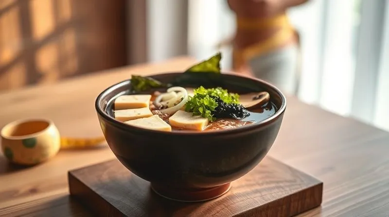 A photorealistic, professional photography image of a steaming bowl of vibrant miso soup, meticulously arranged with fresh, healthy ingredients like tofu cubes, wakame seaweed, thinly sliced green onions, and mushrooms. The bowl is placed on a minimalist wooden table with soft, natural light illuminating it, creating a warm and inviting atmosphere. In the background, a blurred measuring tape or a subtle silhouette of a healthy, fit person hints at weight loss. 8K, cinematic lighting, sharp focus on the soup, depth of field blurring the background, shot on a high-end DSLR.