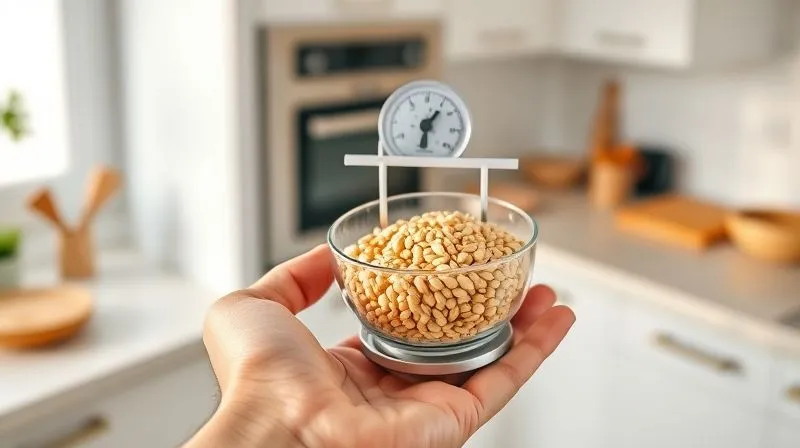 Photorealistic image of a hand holding a small kitchen scale with a bowl of dry barley groats, showing a precise measurement. The background is a clean, modern kitchen, with soft natural light. Focus on precision and control.