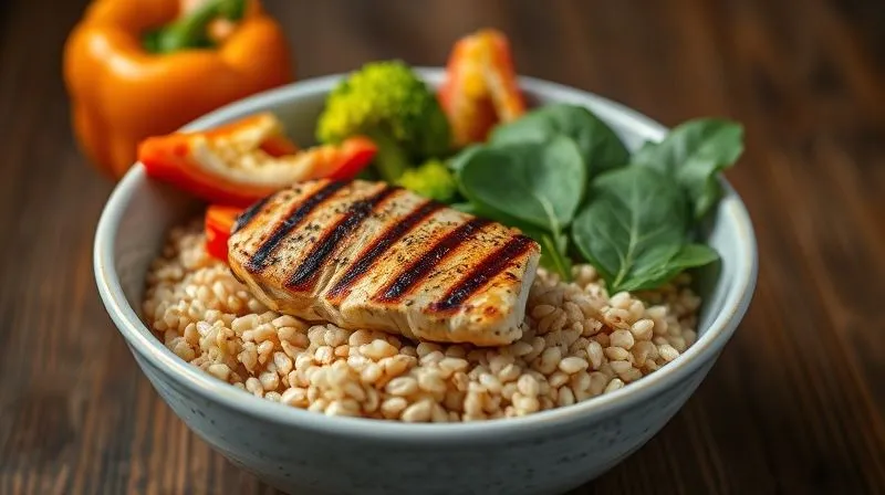 Photorealistic image of a vibrant, healthy fitness meal bowl featuring cooked barley groats, grilled chicken breast, and a colorful array of fresh vegetables (broccoli, bell peppers, spinach). Shot from a slightly elevated angle, with cinematic lighting emphasizing the freshness and healthiness of the meal. Depth of field blurs the background slightly, focusing on the meal itself.