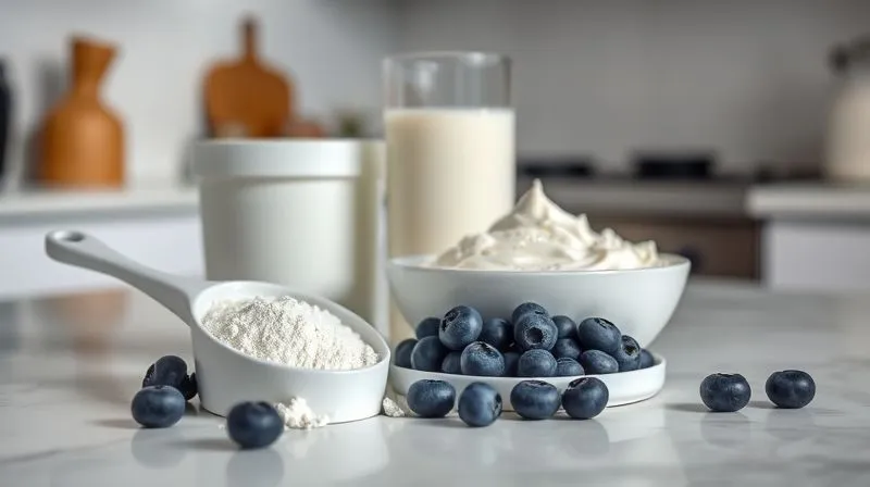 photorealistic, professional photography, 8K, cinematic lighting, sharp focus, depth of field, shot on a high-end DSLR, a variety of protein sources for smoothies laid out on a minimalist kitchen counter: a scoop of white protein powder, a bowl of creamy Greek yogurt, and a glass of milk, with fresh blueberries in the foreground, evoking health and nutrition.