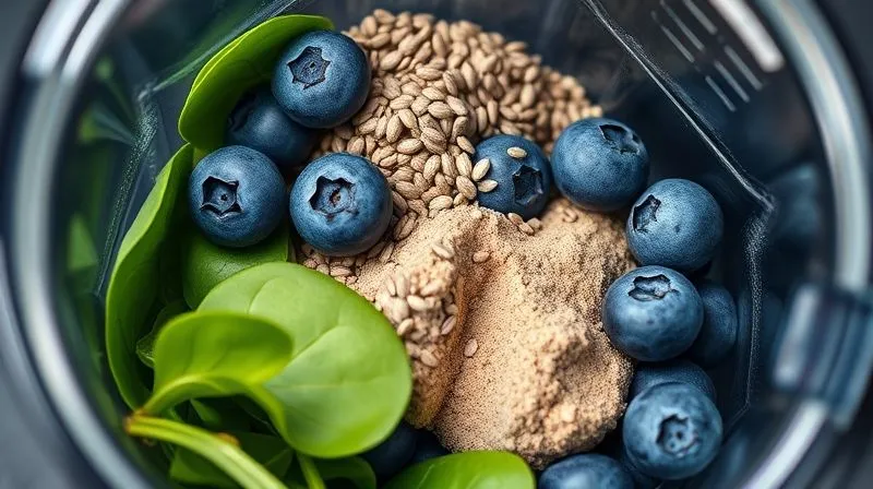 photorealistic, professional photography, 8K, cinematic lighting, sharp focus, depth of field, shot on a high-end DSLR, a close-up of a blender filled with fresh blueberries, a handful of spinach, chia seeds, and a scoop of protein powder, ready to be blended, symbolizing the combination of healthy ingredients for a fitness smoothie, evoking vitality and natural goodness.