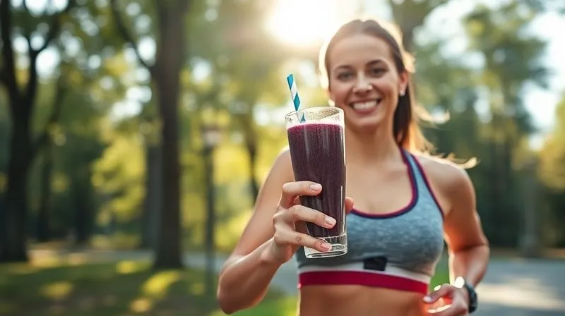 photorealistic, professional photography, 8K, cinematic lighting, sharp focus, depth of field, shot on a high-end DSLR, a fit person in athletic wear, smiling, holding a blueberry smoothie glass after a morning run in a park, sunlight filtering through trees, evoking energy, health, and post-workout refreshment.