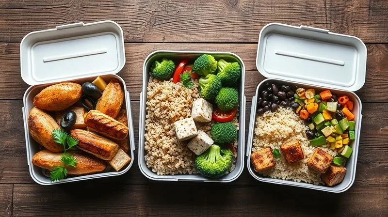 Photorealistic, professional photography, 8K, cinematic lighting, sharp focus, depth of field, shot on a high-end DSLR. Three distinct, vibrant, and perfectly portioned healthy lunchboxes arranged on a rustic wooden table. One features a Mediterranean style with grilled chicken, brown rice, olives, and fresh vegetables. Another shows an Asian style with tofu/turkey, jasmine rice, and steamed broccoli. The third is a Mexican style with wild rice, black beans, corn, and avocado. Each lunchbox is open, revealing its delicious contents, emphasizing freshness and variety.