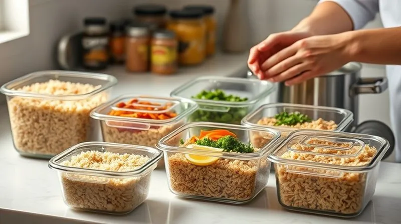 Photorealistic, professional photography, 8K, cinematic lighting, sharp focus, depth of field, shot on a high-end DSLR. A clean, organized kitchen counter with several glass meal prep containers filled with various healthy rice-based lunchboxes. A large pot of freshly cooked brown rice is cooling on the side. Hands are visible, actively portioning ingredients into containers, showing efficiency and planning. The scene conveys a sense of preparedness and healthy living.