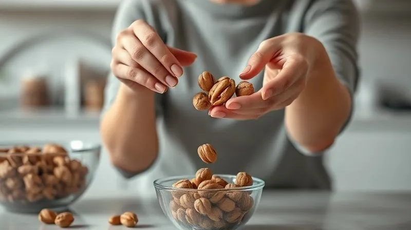 A photorealistic, professional photography, 8K, cinematic lighting, sharp focus, depth of field, shot on a high-end DSLR of a woman's hand carefully pouring a small, measured handful of walnuts from a larger bowl into a smaller, designated snack bowl. The background is a clean, modern kitchen, emphasizing precision and healthy habits. Soft, natural light highlights the texture of the walnuts and the focused expression on her face.
