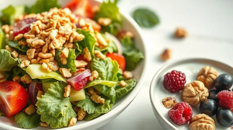 A photorealistic, professional photography, 8K, cinematic lighting, sharp focus, depth of field, shot on a high-end DSLR of a vibrant, low-carb salad with a sprinkle of crushed walnuts on top, alongside a small bowl of keto-friendly yogurt with whole walnuts and berries. The scene is bright and inviting, showcasing healthy, delicious meal options. Focus on the fresh ingredients and appealing presentation.