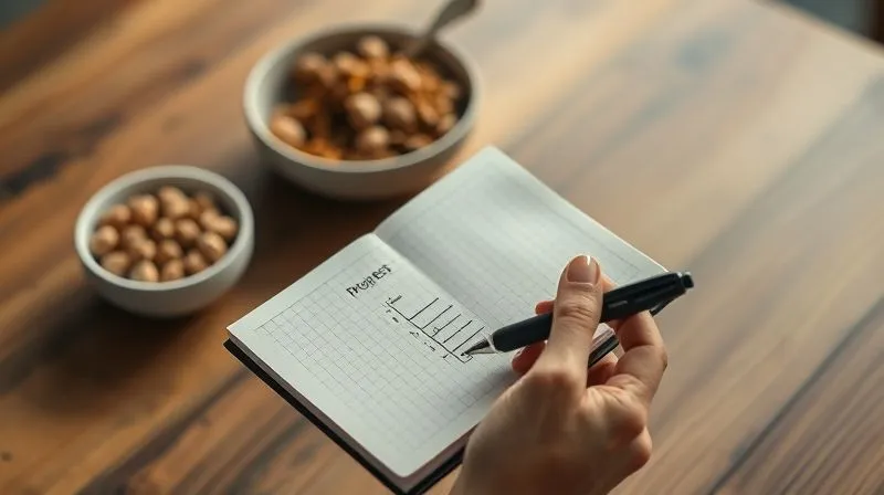 A photorealistic, professional photography, 8K, cinematic lighting, sharp focus, depth of field, shot on a high-end DSLR of a hand holding a small, elegant notebook with a pen, open to a page with handwritten notes and a simple graph tracking progress. In the background, out of focus, a bowl of walnuts and a healthy meal are visible, symbolizing mindful eating and goal achievement. Soft, warm light illuminates the scene, creating a sense of accomplishment.