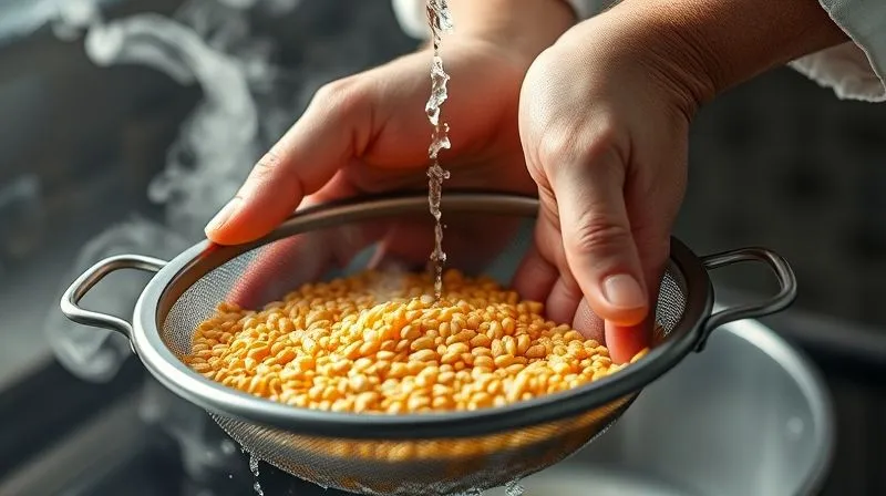 Photorealistic professional photography of a chef's hands rinsing golden millet grains under running water in a fine-mesh sieve, with steam gently rising from a pot in the background. Cinematic lighting, sharp focus on the millet, depth of field blurring the background, 8K hyper-detailed.