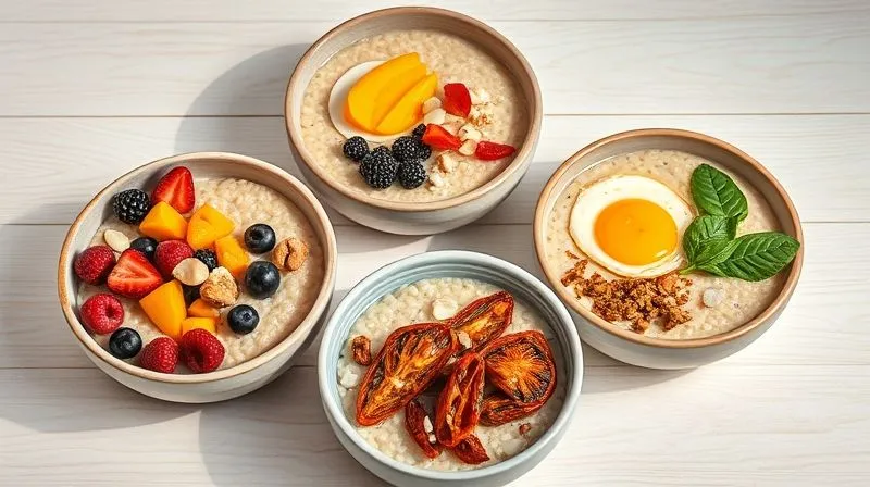 Photorealistic professional photography of four diverse and colorful bowls of millet porridge. One is sweet with berries and nuts, another with mango and coconut. The other two are savory: one with a fried egg and vegetables, and another with sun-dried tomatoes and basil. All are artfully arranged on a light wooden background with soft, natural light. Cinematic lighting, sharp focus, depth of field, 8K hyper-detailed.