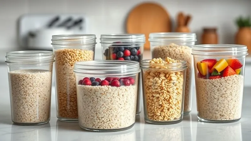 Photorealistic professional photography of several glass meal prep containers filled with pre-cooked millet porridge, ready for the week. Some contain just millet, others have separate compartments for berries, nuts, or chopped vegetables. The scene is organized on a clean kitchen counter with good lighting, conveying efficiency and health. Cinematic lighting, sharp focus, depth of field, 8K hyper-detailed.