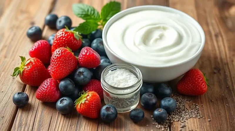 Photorealistic, professional photography, 8K, cinematic lighting, sharp focus, depth of field, shot on a high-end DSLR of various fresh ingredients for healthy yogurt: a bowl of plain Greek yogurt, a selection of fresh berries (strawberries, blueberries, raspberries), a small jar of natural sweetener (e.g., erythritol), and some chia seeds, all artfully arranged on a rustic wooden table with soft, natural light.
