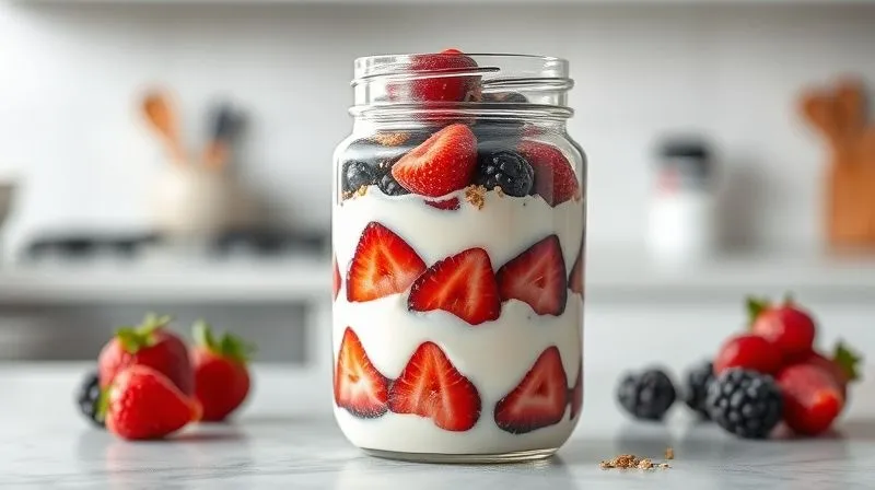 Photorealistic, professional photography, 8K, cinematic lighting, sharp focus, depth of field, shot on a high-end DSLR of a beautifully layered fruit yogurt in a clear, sealed glass jar, ready for a lunchbox. Layers include plain yogurt, fresh berries, and a sprinkle of granola. The jar is placed on a clean kitchen counter, with soft, diffused light highlighting the textures and colors, emphasizing freshness and readiness for transport.