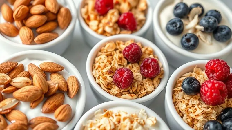 Photorealistic, professional photography, 8K, cinematic lighting, sharp focus, depth of field, shot on a high-end DSLR of a vibrant collection of healthy yogurt toppings artfully arranged in small bowls: roasted almond slivers, pumpkin seeds, sugar-free granola, freeze-dried berries, shredded coconut, and a sprinkle of cinnamon. The scene is bright and appealing, showcasing texture and variety, against a soft, blurred background.