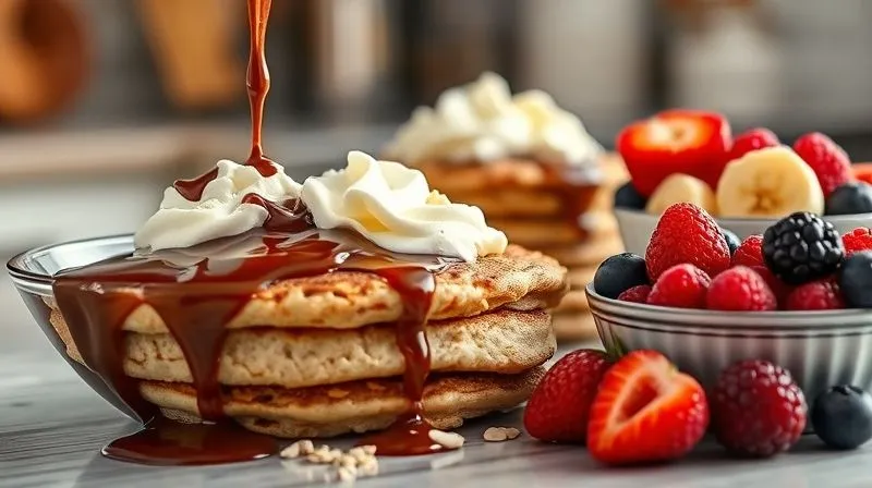 A photorealistic image of a kitchen counter with various oat pancake toppings: one bowl overflowing with chocolate syrup and whipped cream, another with a thin layer of natural peanut butter and sliced banana, and a third with fresh berries and Greek yogurt. Cinematic lighting, sharp focus on the toppings, depth of field blurring the background, 8K hyper-detailed.