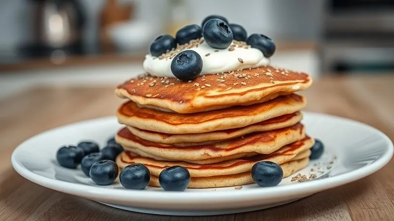 A photorealistic, professional photography shot of a perfectly stacked plate of healthy oat pancakes, topped with Greek yogurt, fresh blueberries, and a sprinkle of chia seeds. The pancakes are golden brown, fluffy, and inviting. Cinematic lighting, sharp focus on the pancakes, depth of field blurring a clean, modern kitchen background, 8K hyper-detailed.