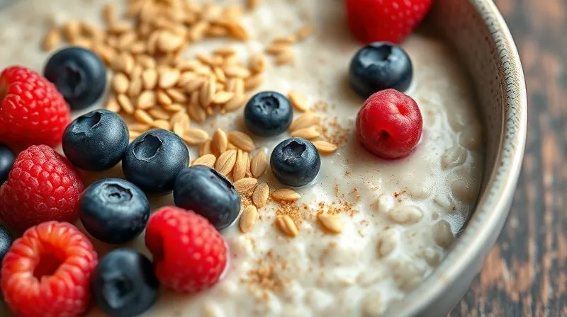 A vibrant, photorealistic, professional photography, 8K, cinematic lighting, sharp focus, depth of field, shot on a high-end DSLR image of a perfectly prepared bowl of protein oatmeal, generously topped with a colorful array of fiber-rich ingredients: plump blueberries, fresh raspberries, crunchy chia seeds, and golden flax seeds. The toppings are artfully arranged, suggesting abundance and health, with soft morning light enhancing the textures and colors.
