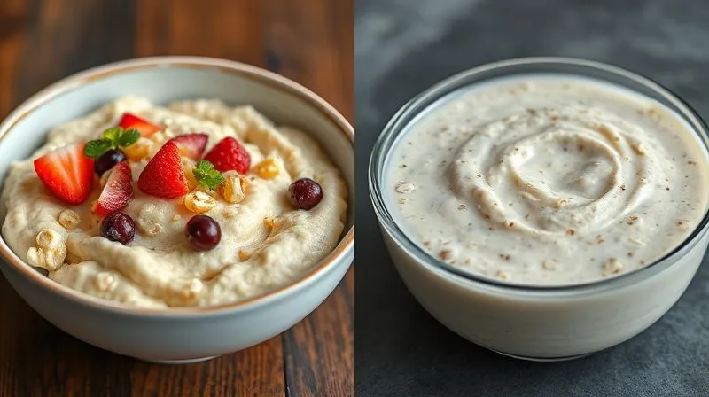 A visually striking, photorealistic, professional photography, 8K, cinematic lighting, sharp focus, depth of field, shot on a high-end DSLR image. On the left, a bowl of thick, creamy, perfectly cooked protein oatmeal, adorned with fresh toppings, looks rich and satisfying. On the right, a bowl of thin, watery oatmeal appears less substantial. The contrast clearly illustrates the difference in desired consistency for satiety, with excellent texture and detail.