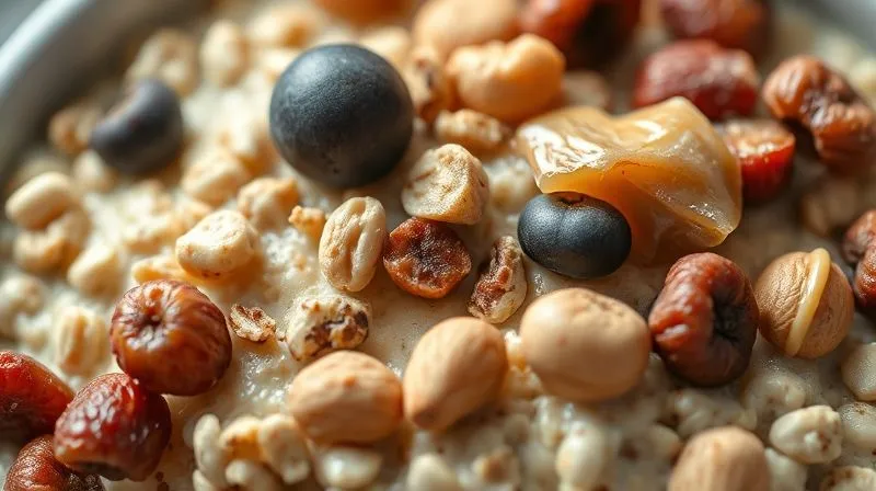 A close-up, photorealistic image of various high-calorie oatmeal toppings like dried fruit, nuts, and peanut butter, artfully arranged but with a subtle implication of excess. Cinematic lighting, sharp focus, 8K, DSLR.