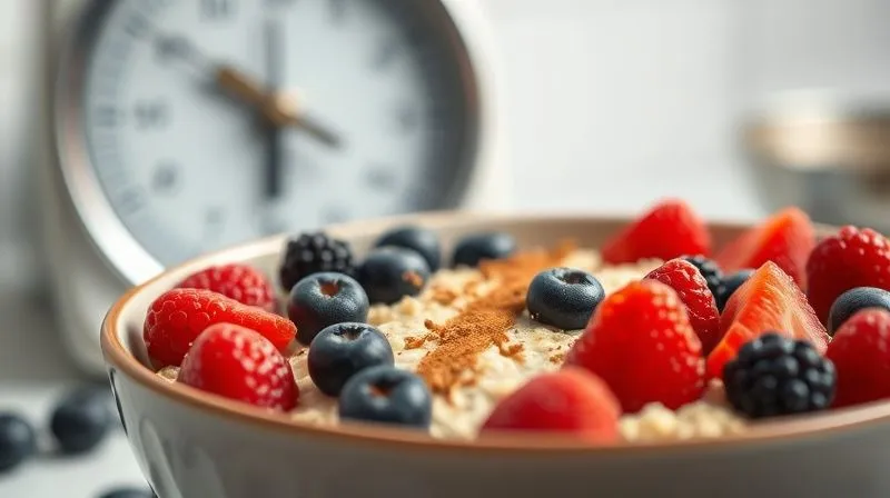 A photorealistic, professional photography shot of a perfectly portioned and optimized protein oatmeal bowl, garnished with fresh berries and a sprinkle of cinnamon. The background shows a blurry kitchen scale. Cinematic lighting, sharp focus, 8K, DSLR.