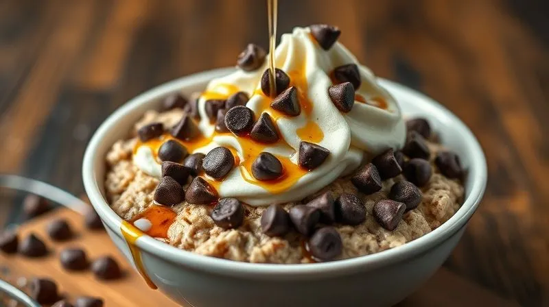 A photorealistic, professional photography shot of a messy, overly-sweetened bowl of oatmeal with excessive chocolate chips, whipped cream, and sugary syrup, looking unappetizingly rich. Cinematic lighting, sharp focus, 8K, DSLR.