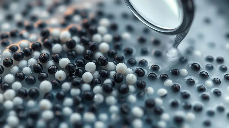 A close-up, photorealistic image of tiny black and white chia seeds soaking in liquid, forming a gel-like consistency, with a magnifying glass highlighting their texture. Professional photography, 8K, cinematic lighting, sharp focus, depth of field.