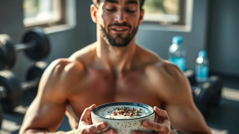 A dynamic, photorealistic image of a fit person enjoying a bowl of chia pudding after a morning workout, with weights and a water bottle blurred in the background, bathed in natural light. Professional photography, 8K, cinematic lighting, sharp focus, depth of field.