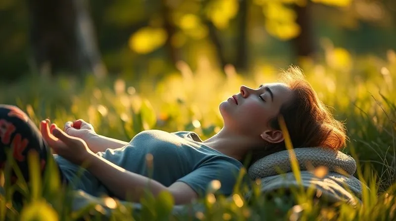 A calming, photorealistic image of a person meditating or sleeping peacefully in a natural, serene environment, with soft, warm light. Professional photography, 8K, cinematic lighting, sharp focus, depth of field.