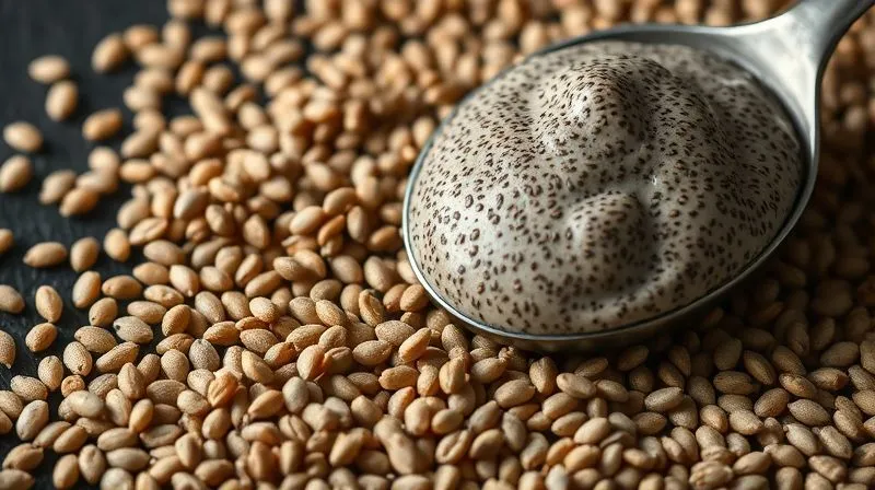 Photorealistic close-up of dry chia seeds next to a spoonful of chia pudding, showing the contrast between the tiny seeds and their gel-like expansion. Professional photography, 8K, cinematic lighting, sharp focus on the textures, depth of field. Shot on a high-end DSLR, emphasizing their transformative properties.