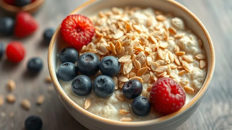 Photorealistic image of a vibrant bowl of oatmeal with various fiber-rich toppings like flax seeds, berries, and a sprinkle of psyllium husk, artfully arranged. Professional photography, 8K, cinematic lighting, sharp focus on the textures, depth of field. Shot on a high-end DSLR, emphasizing health and abundance.