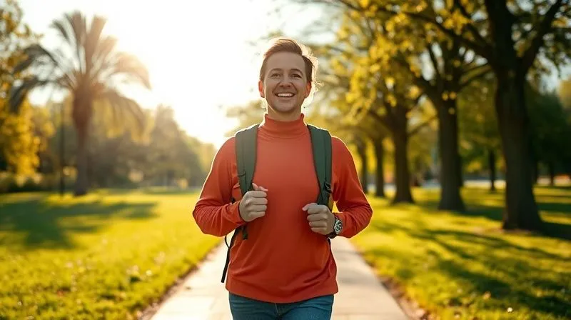 Photorealistic image of a person enjoying a brisk walk in a sunny park after eating, with a subtle, stylized representation of stable energy levels in the background. Professional photography, 8K, cinematic lighting, sharp focus on the person, depth of field. Shot on a high-end DSLR, conveying vitality and mindful living.