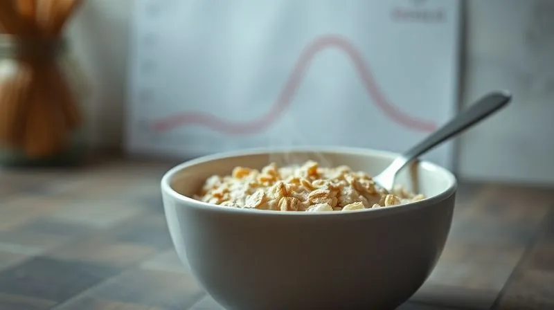 Photorealistic, professional photography, 8K, cinematic lighting, sharp focus on a bowl of oatmeal with a spoon, steam rising. In the background, a subtle, blurred graphic showing a stable blood sugar curve vs. a spiky one, representing the benefits of low GI foods. Depth of field, shot on a high-end DSLR, natural light.