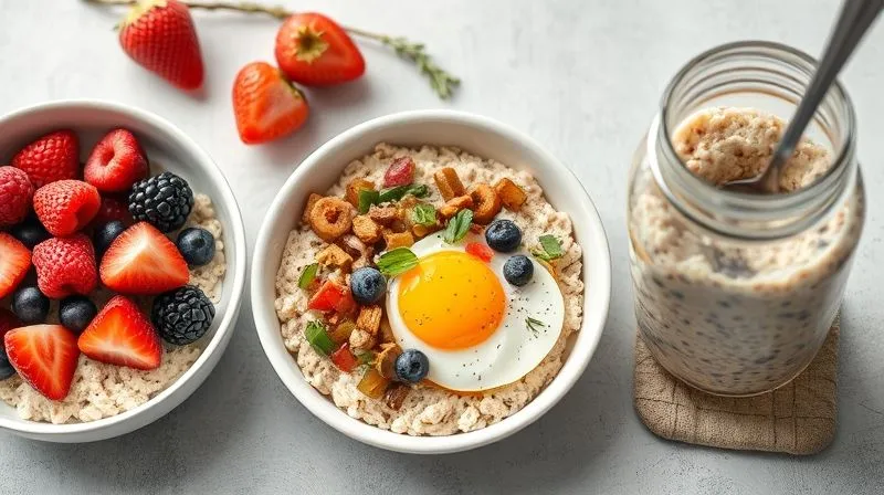 Photorealistic, professional photography, 8K, cinematic lighting, sharp focus on three distinct bowls of oatmeal: one sweet with berries, one savory with eggs and vegetables, and one overnight oats in a jar, all arranged aesthetically. Depth of field, shot on a high-end DSLR, soft studio lighting.