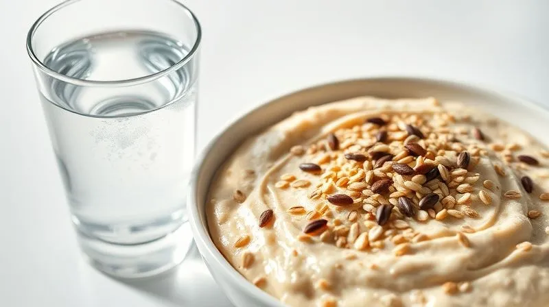 A photorealistic, professional photography, 8K, cinematic lighting, sharp focus, depth of field, shot on a high-end DSLR of a clear glass of water next to a bowl of creamy protein oatmeal, garnished with a sprinkle of chia seeds and flax seeds, emphasizing hydration and fiber. The scene is bright and clean, with a subtle glow. The overall mood is fresh and invigorating.
