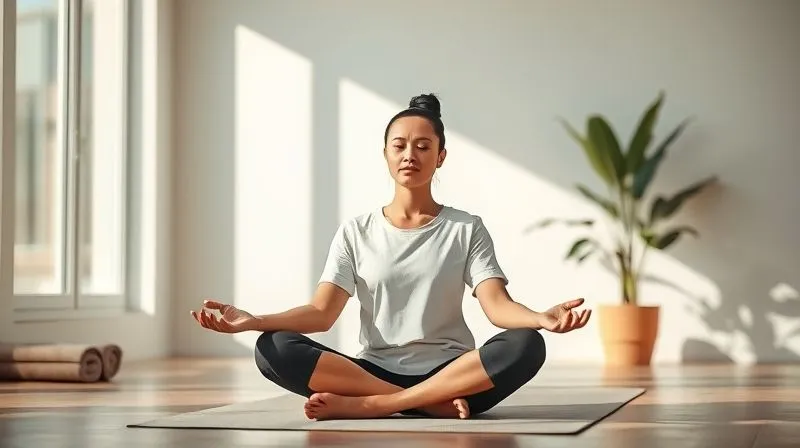 A photorealistic, professional photography, 8K, cinematic lighting, sharp focus, depth of field, shot on a high-end DSLR of a person peacefully meditating in a sunlit, minimalist room, with a subtle blurred background showing elements of a healthy lifestyle like a yoga mat and a plant. The atmosphere is calm and serene, emphasizing stress reduction and holistic well-being.