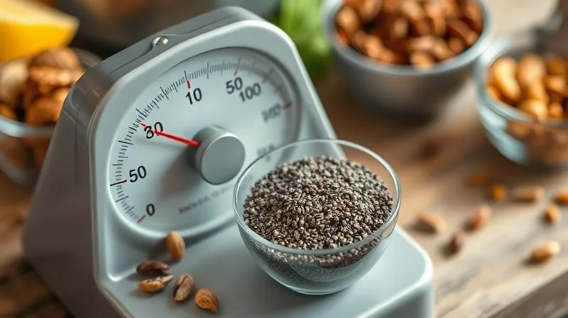 Photorealistic, professional photography of a kitchen scale weighing out a precise portion of chia seeds into a small bowl, with a blurred background of various healthy but high-calorie toppings like nuts and dried fruits, emphasizing portion control. 8K, cinematic lighting, sharp focus, depth of field, shot on a high-end DSLR.
