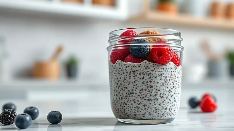 Photorealistic, professional photography of a beautifully arranged, perfectly portioned chia pudding in a clear glass jar, layered with fresh berries and a sprinkle of cinnamon. The background is a bright, clean kitchen, emphasizing freshness and healthy eating. 8K, cinematic lighting, sharp focus, depth of field, shot on a high-end DSLR.