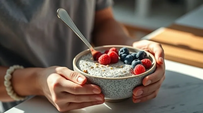 Photorealistic, professional photography of a person enjoying a bowl of perfectly prepared chia pudding with fresh berries and nuts for breakfast, bathed in natural morning light, on a minimalist kitchen counter. The scene conveys a sense of calm, health, and mindful eating. 8K, cinematic lighting, sharp focus, depth of field, shot on a high-end DSLR.