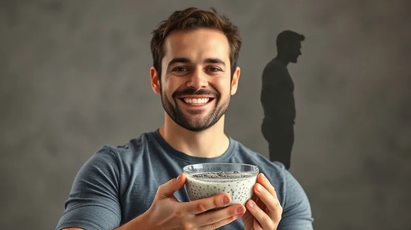 Photorealistic, professional photography of a triumphant man, mid-thirties, smiling confidently while holding a perfectly portioned chia pudding. The background shows a subtle 'before and after' effect, with a blurred silhouette of a larger version of himself in the 'before' and a clearer, fitter silhouette in the 'after', symbolizing successful weight loss through mindful eating. 8K, cinematic lighting, sharp focus, depth of field, shot on a high-end DSLR, conveying achievement and well-being.