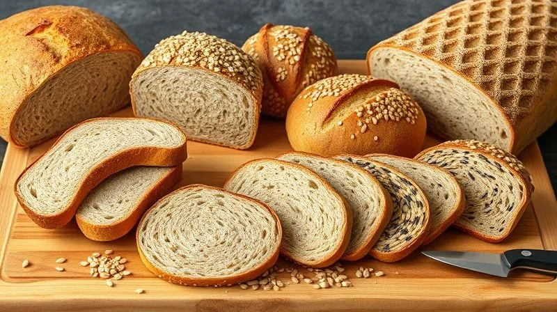 A photorealistic image of various types of whole-grain bread slices and loaves, including rye, sourdough, and multigrain, artfully arranged on a rustic wooden cutting board with a scattering of wheat grains and a knife. The lighting is soft and natural, emphasizing the texture and rich color of the bread, evoking a sense of wholesome nutrition and artisanal quality.