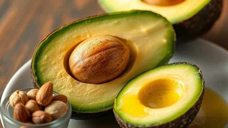 A photorealistic close-up of a perfectly sliced avocado, showing its creamy green flesh and large pit, accompanied by a small bowl of mixed nuts (almonds, walnuts, chia seeds) and a drizzle of golden olive oil. The scene is lit with warm, inviting cinematic lighting, highlighting the textures and natural colors of the healthy fats, suggesting freshness and nourishment.