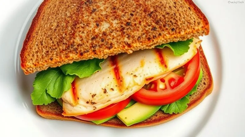 A photorealistic, top-down view of a perfectly assembled, vibrant whole-grain sandwich, sliced in half diagonally, revealing layers of fresh ingredients: dark whole-grain bread, a generous layer of grilled chicken breast, crisp green lettuce, ripe red tomato slices, and a hint of creamy avocado spread. It's placed on a clean white plate, ready to be packed, with sharp focus on the layers and natural, bright lighting.