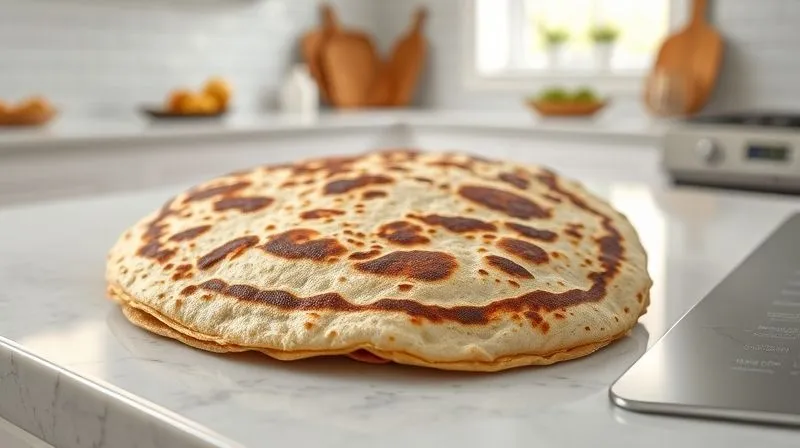 A close-up photorealistic image of a single full-grain tortilla, showcasing its texture and rich brown color, resting on a minimalist kitchen counter with soft, natural light. 8K, professional photography.