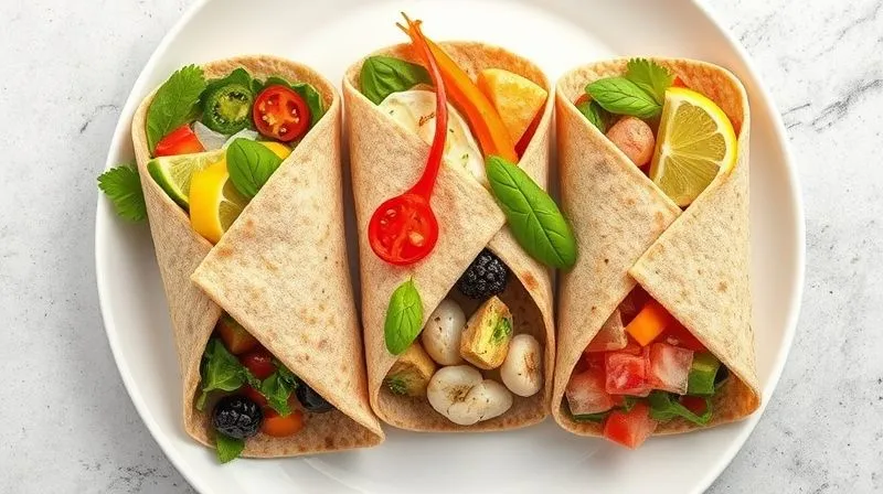 A vibrant, photorealistic overhead shot of three different types of healthy full-grain wraps, beautifully arranged on a white ceramic plate, each with distinct colorful fillings. Excellent food photography, cinematic lighting, 8K.